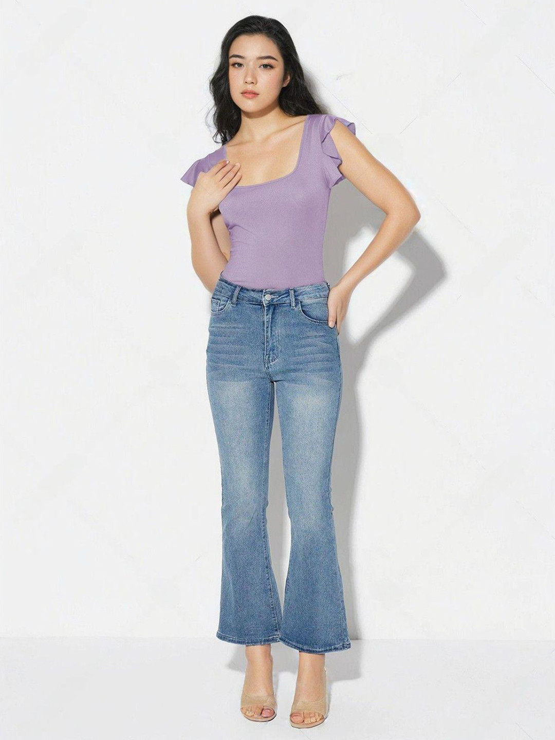 Stylecast X Kotty Women Solid Flutter Sleeves Square Neck Cotton Top