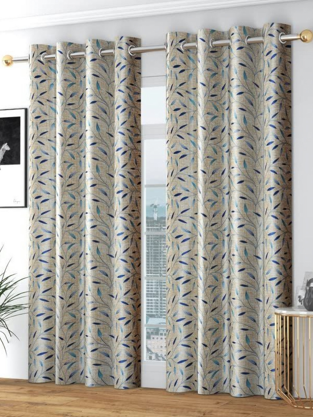 Myntra Elegant Homes Brown & Turquoise Blue 2 Pieces Floral Printed Velvet Door Curtain