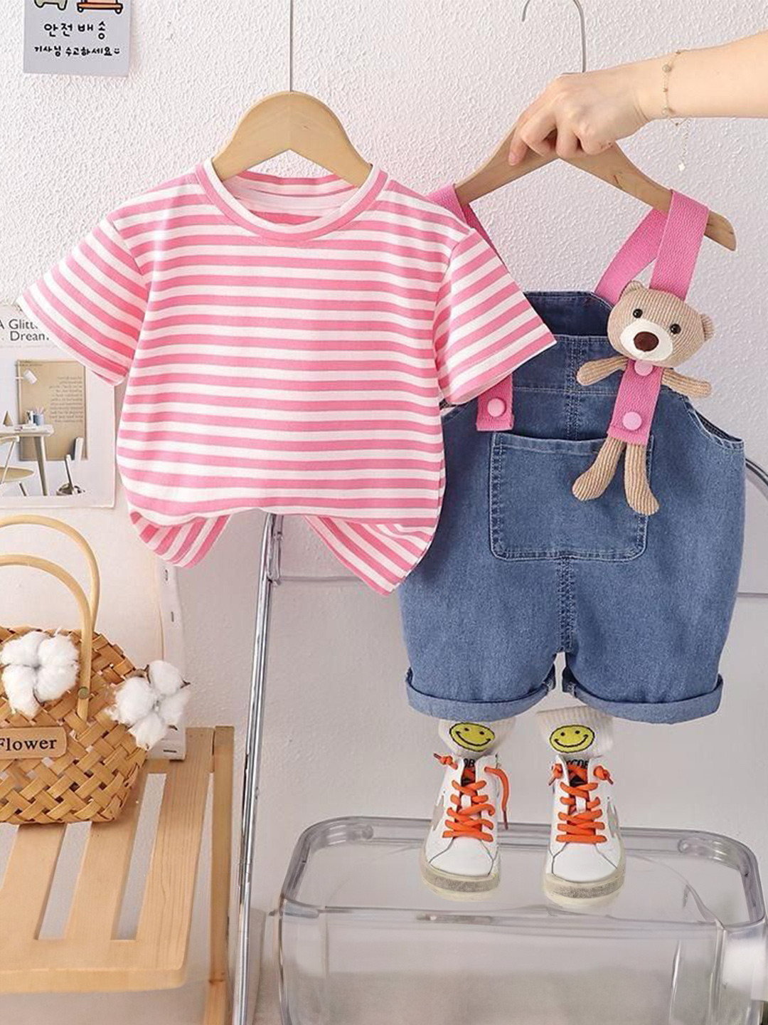 POP STREET KIDS Girls Striped Dungaree With T-Shirt