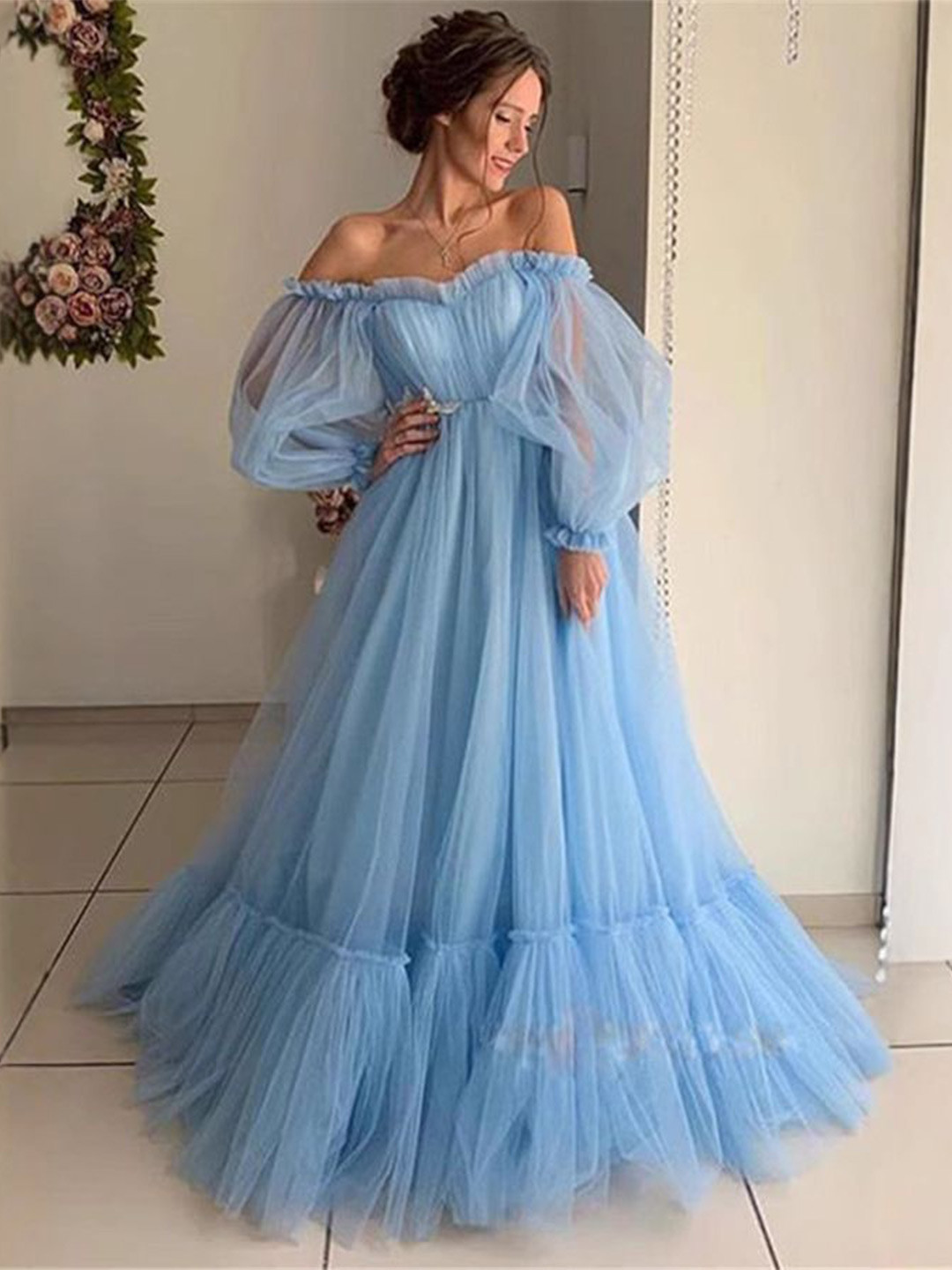 bebe Women Off-Shoulder Puff Sleeve Gown Dress