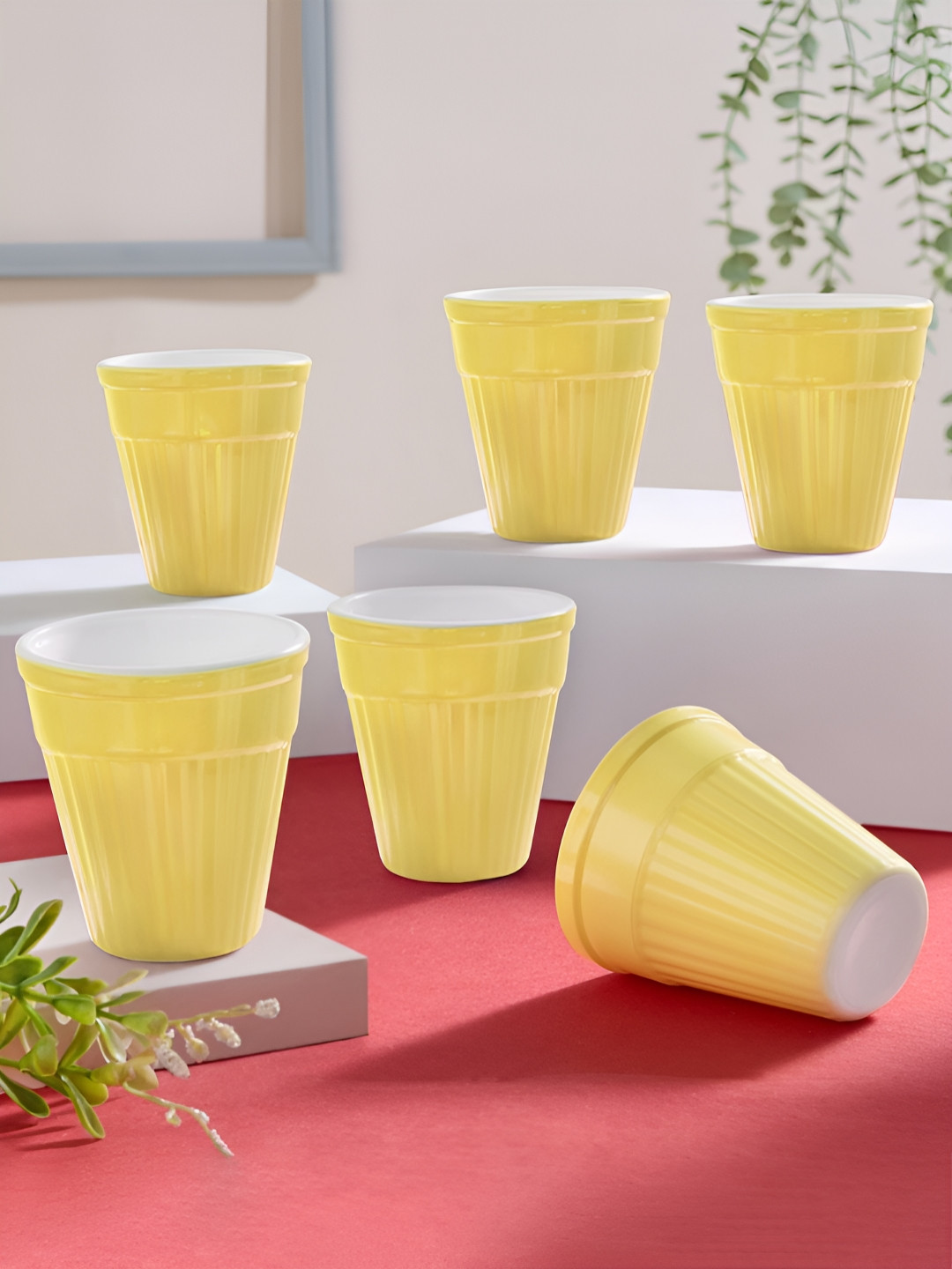 Larah by BOROSIL 6 Pieces Yellow & White Textured Opalware Matte Kulladhs 200 ml