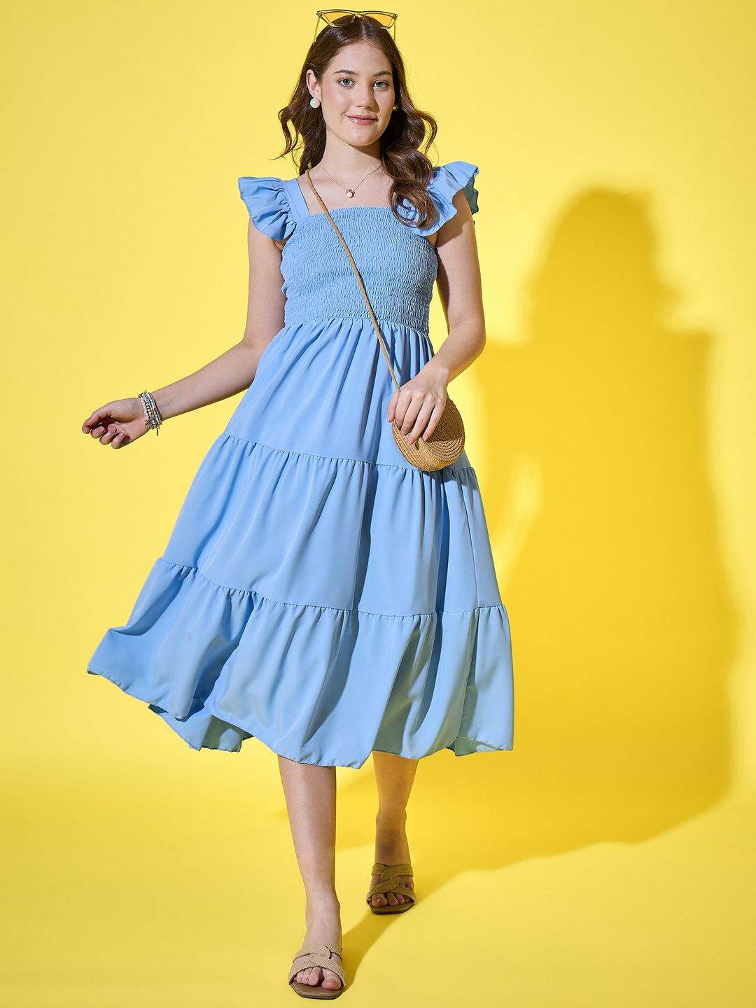 DIMPY GARMENTS Women Solid Smocked Tiered Fit And Flare Dress