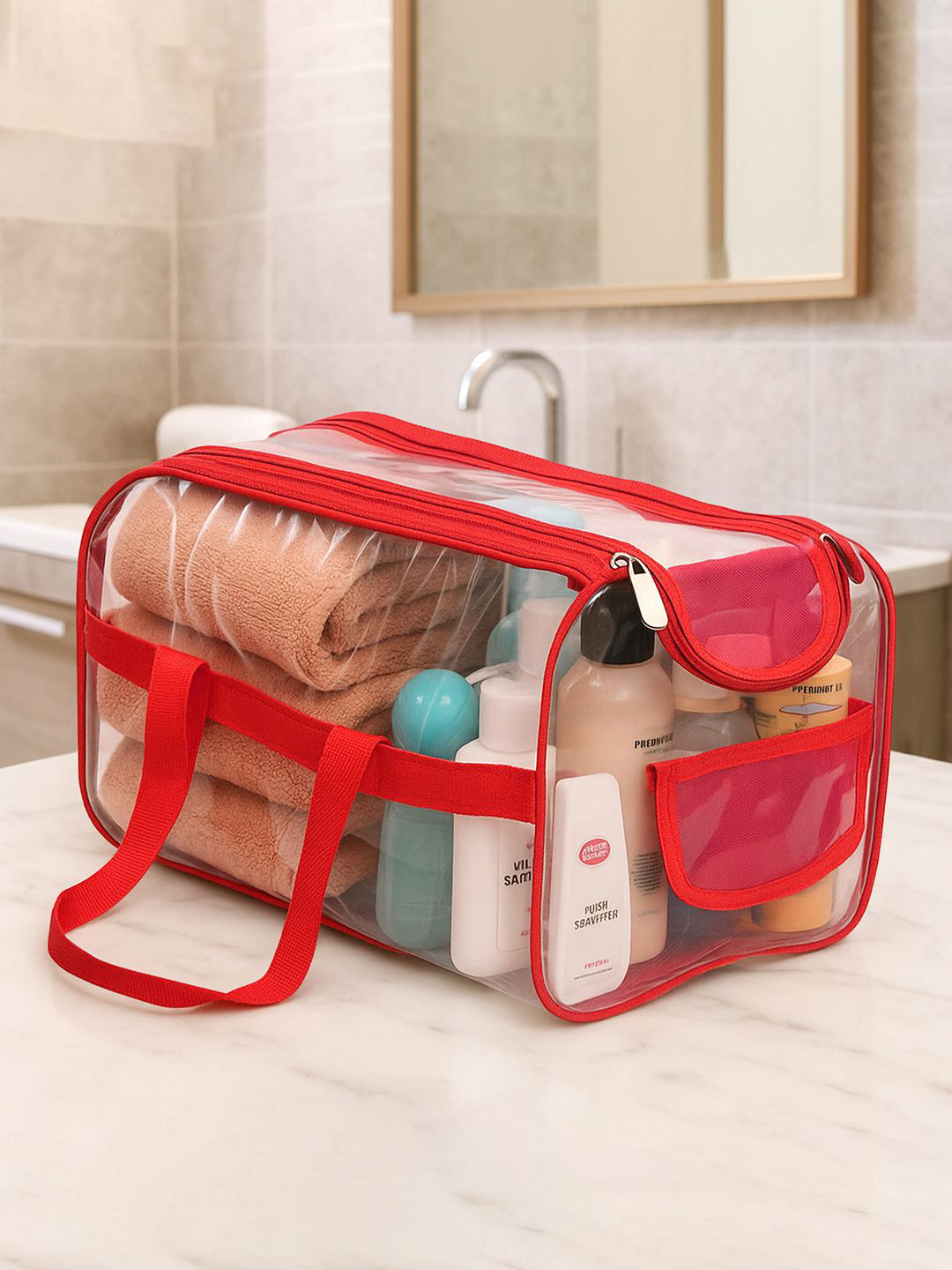Kuber Industries Red PVC Waterproof Transparent Large Travel Toiletry Bag