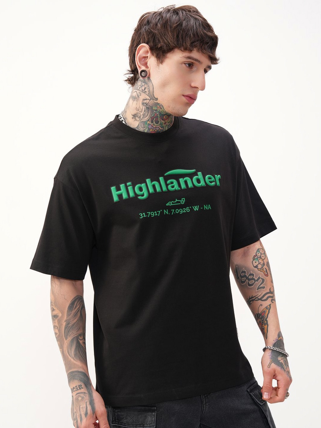 HIGHLANDER Typography Printed Round Neck Drop-Shoulder Sleeves Cotton Oversized T-shirt