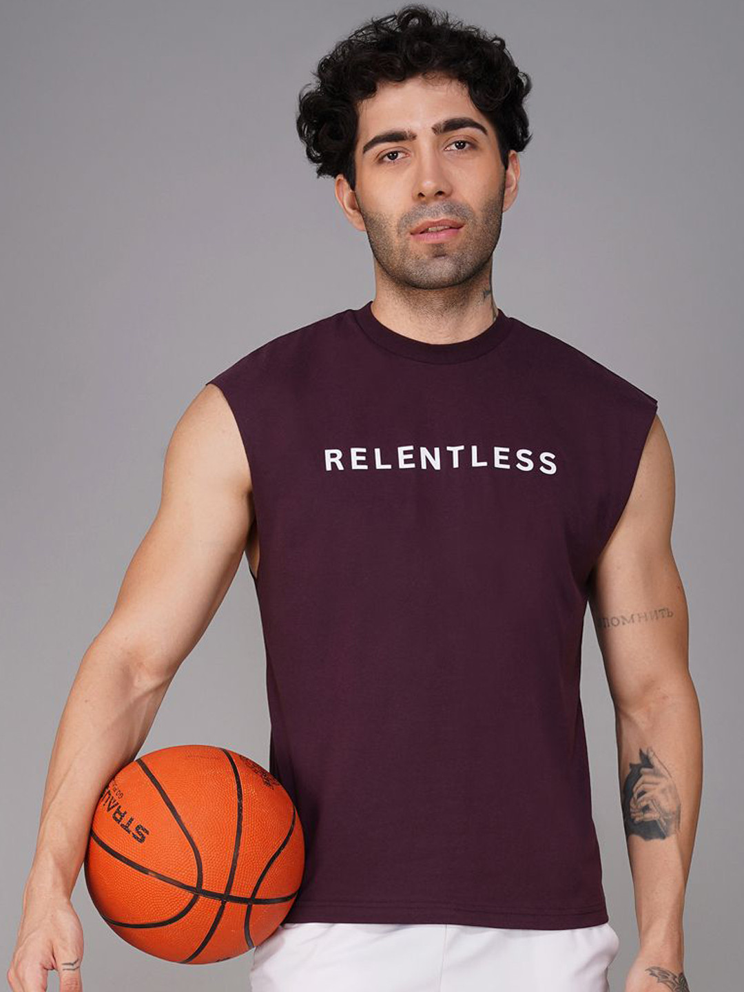 Brauch Printed Round Neck Gym Vests M-VEST-RELENTLESS-PLUM-S