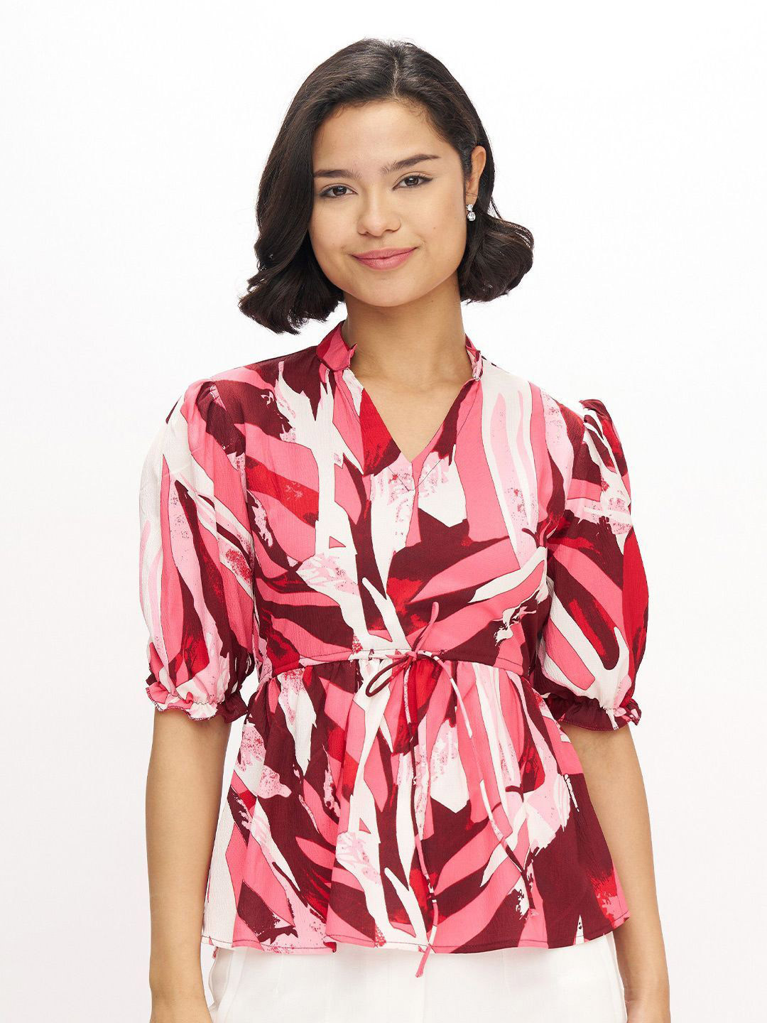 DressBerry Women Print Mandarin Collar Puff Sleeve Shirt Style Top