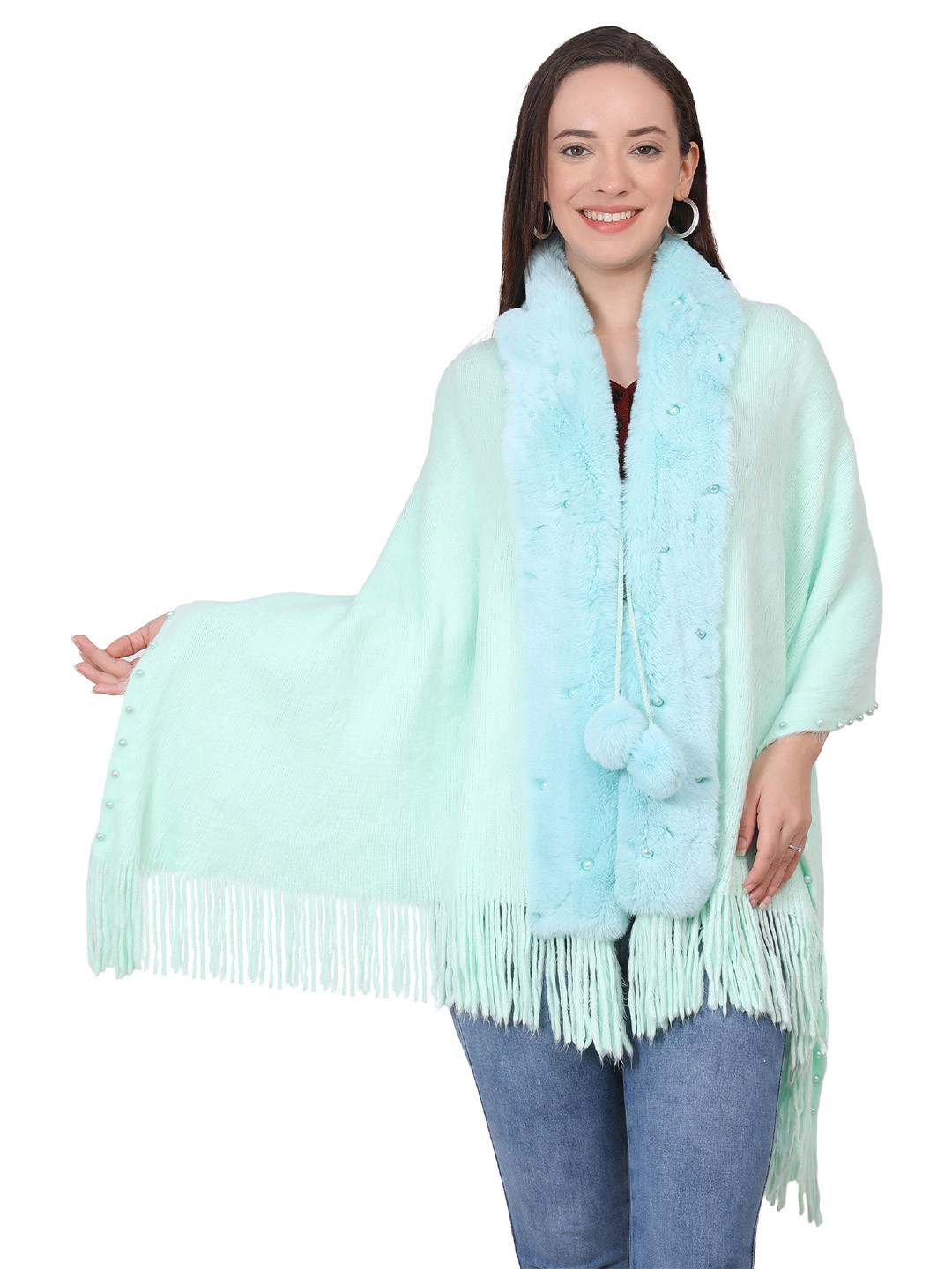 Manra Ball Details Pure Woolen Tasselled Border Shawl