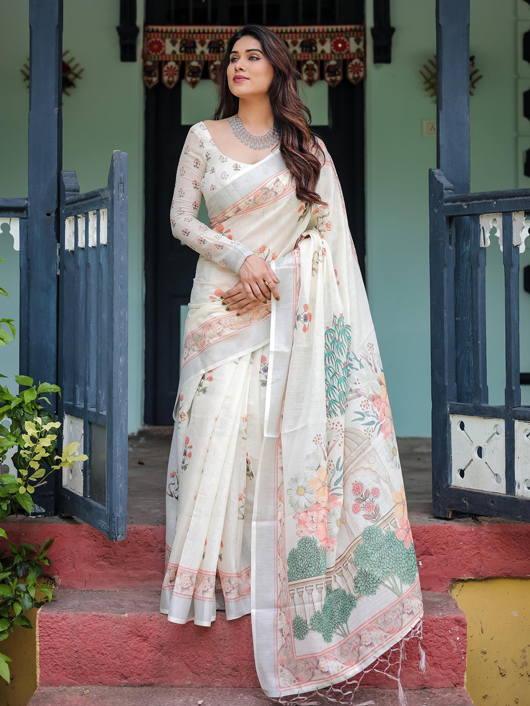 all about you Printed Floral Pure Linen Sarees