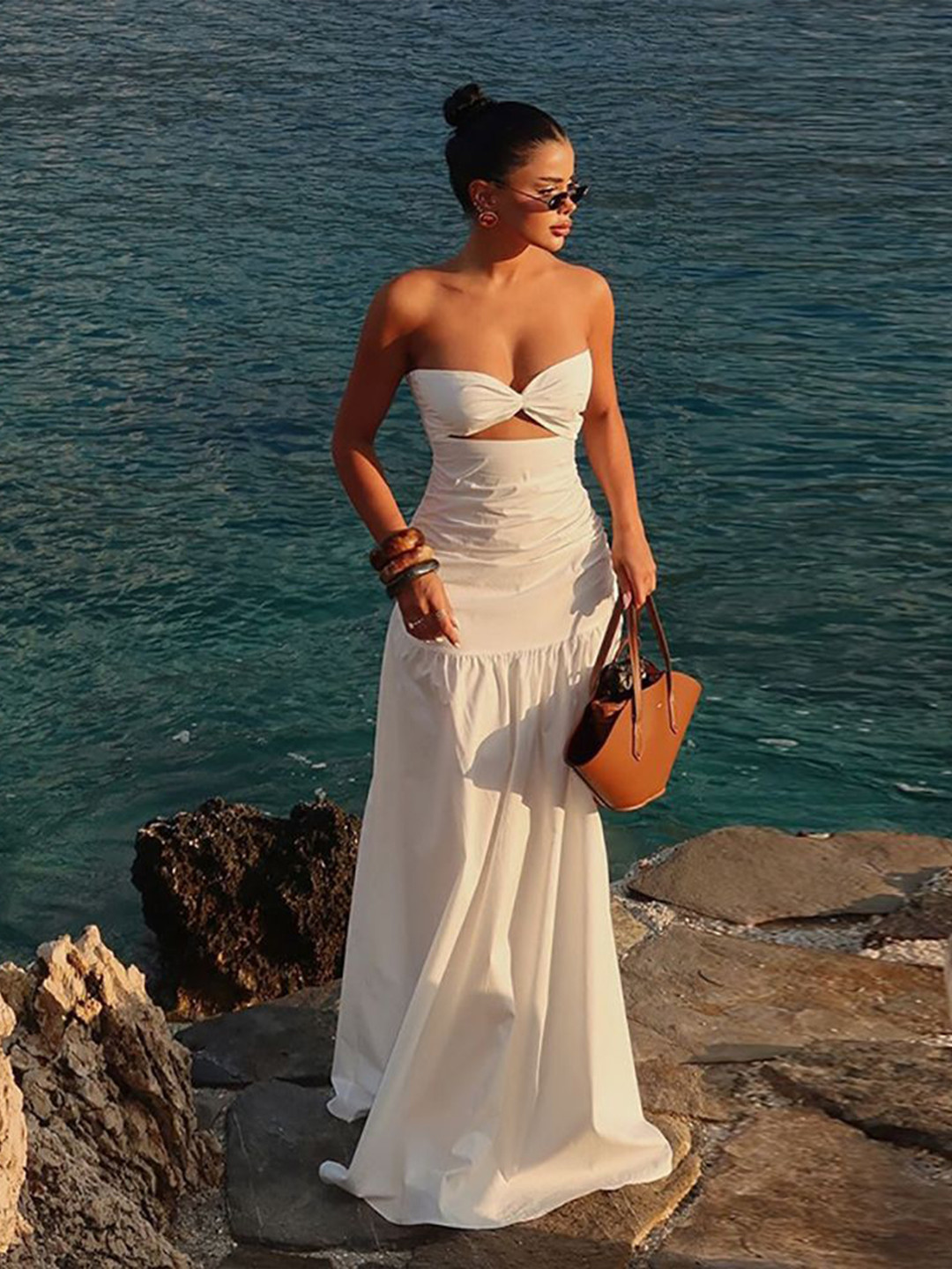 bebe White Strapless Sweetheart Neck Cut-Out Drop Waist Maxi Dress