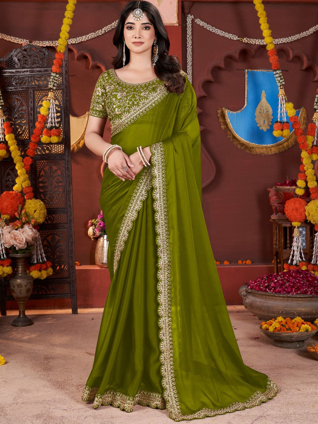 DHARMEE Sequinned Saree With Embellished Border