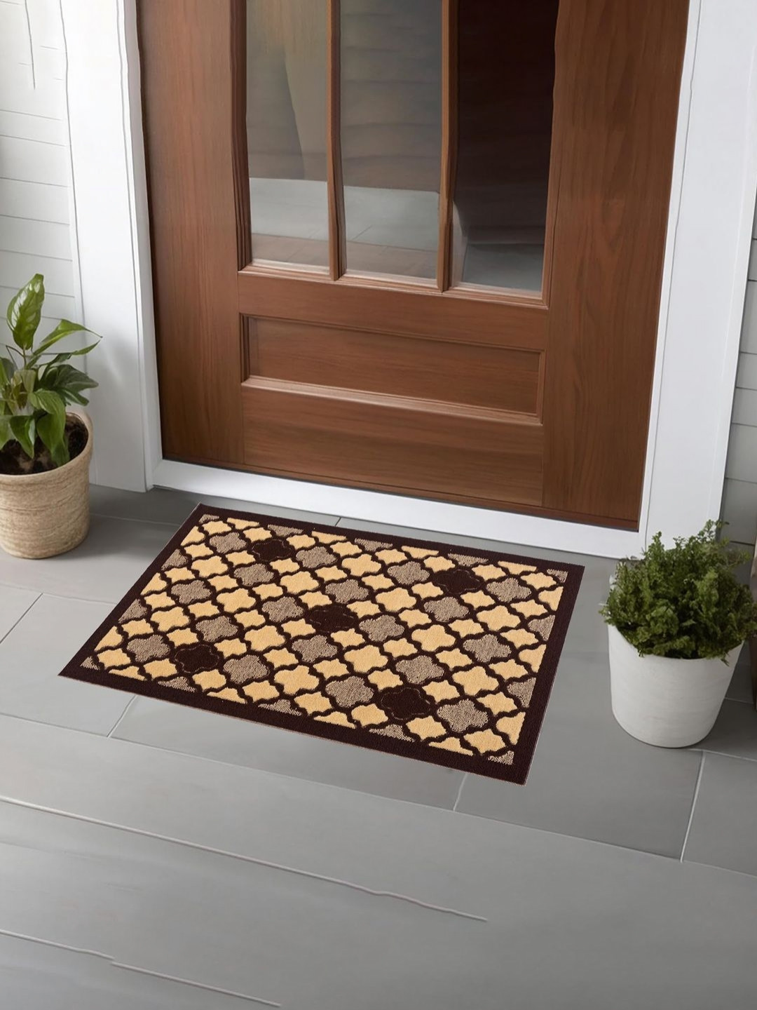 Aura Brown & Black Hexagon-Designed Anti-Skid Doormat