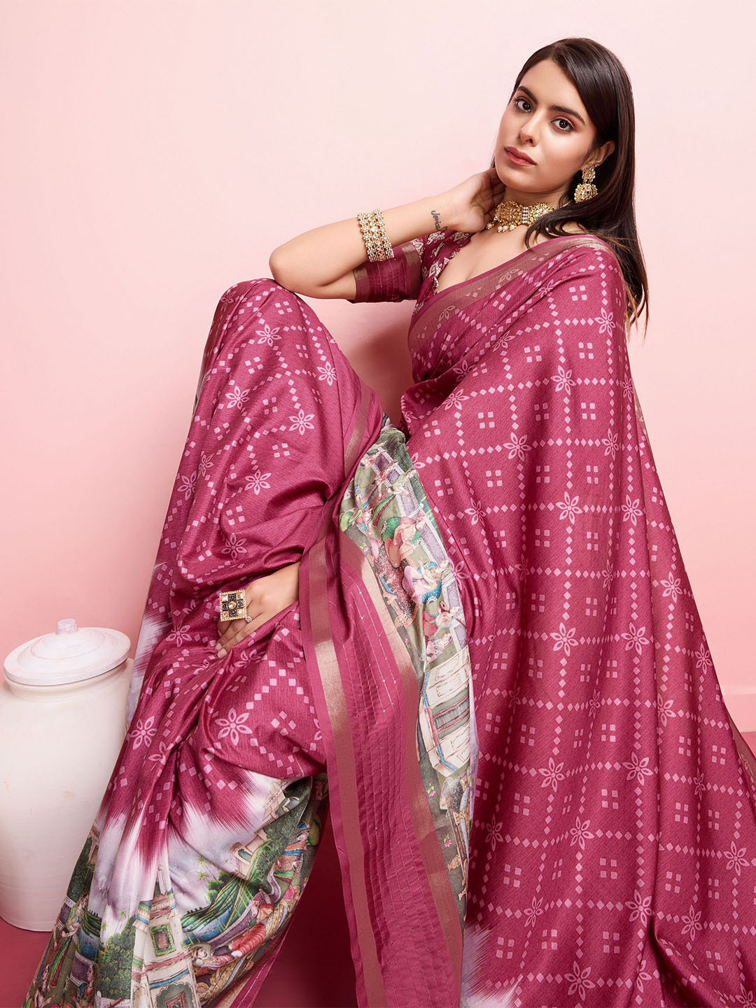 TASRIKA Kalamkari Sequinned Mysore Silk Saree