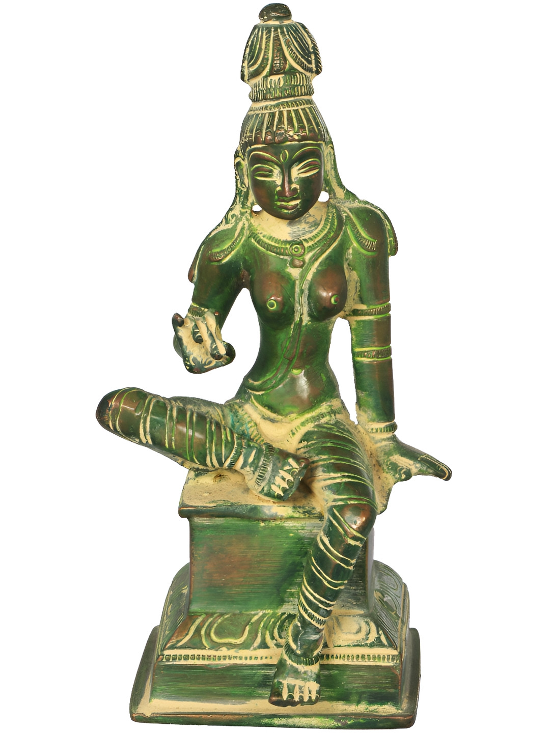 Exotic India Chola Green & Yellow Goddess Paravti Religious Idol Showpiece