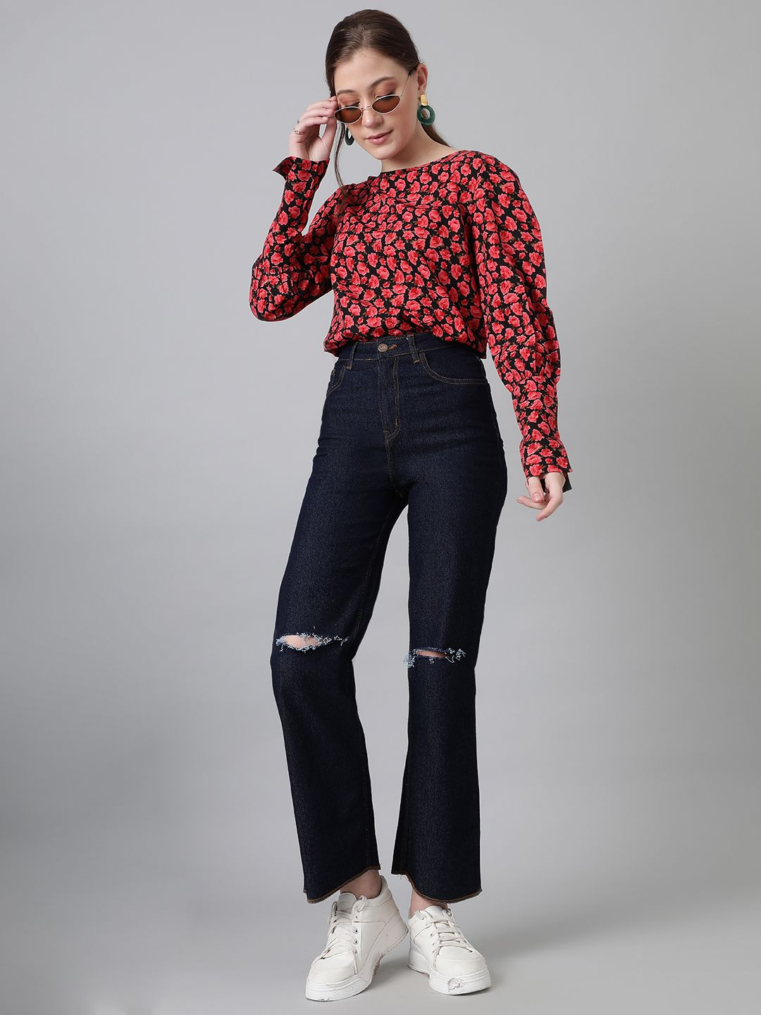 Stylecast X Kotty Women Floral Printed Puff Sleeve Cotton Crepe Blouson Top