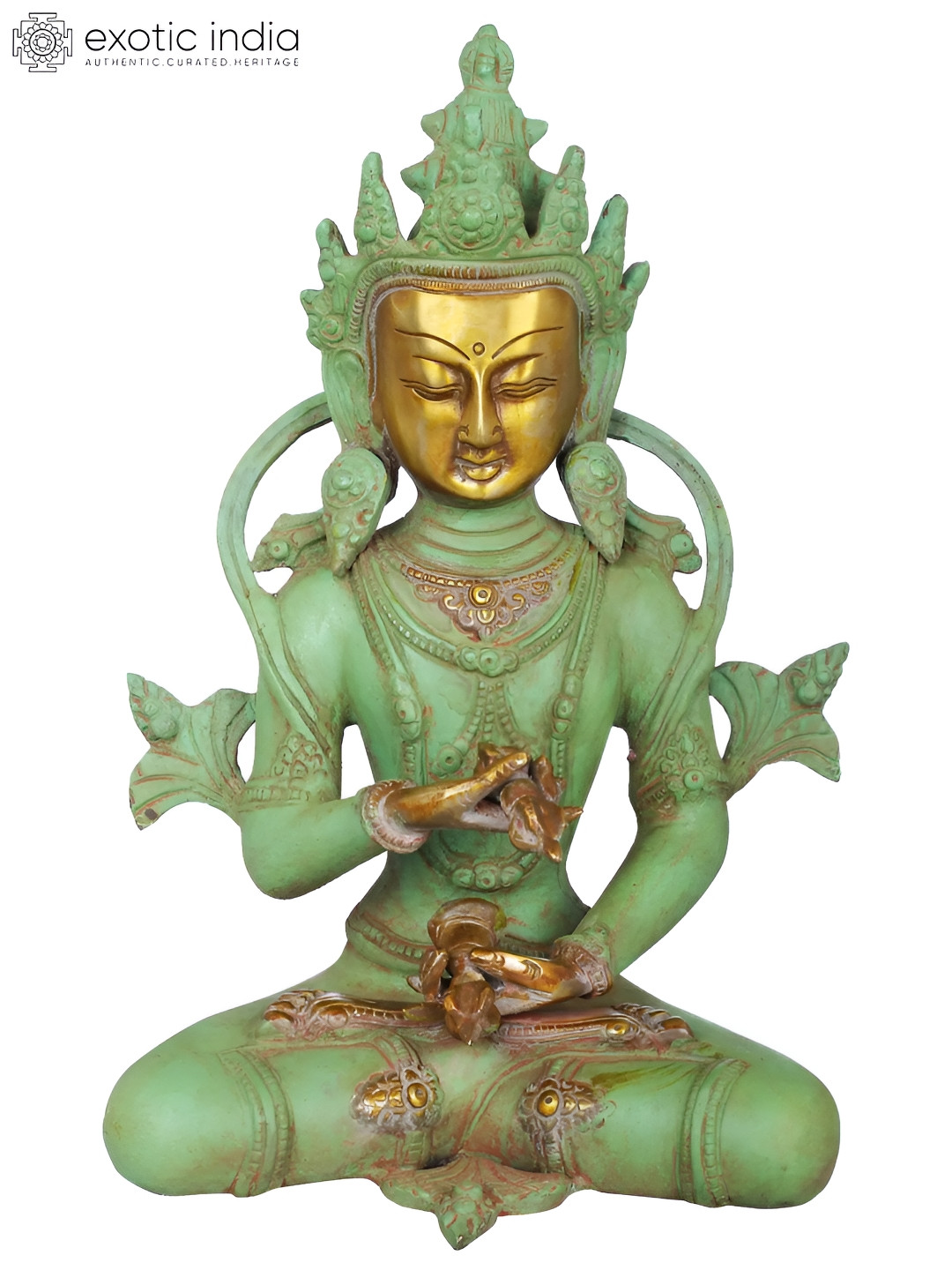Exotic India Green & Gold Toned Tibetan Buddhist Bodhisattva Deity Idol Showpiece