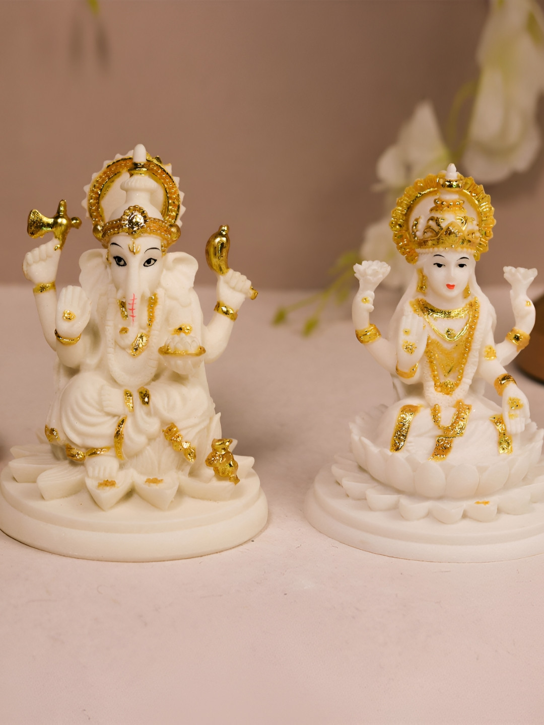 Art Street Laxmi Ji and Ganesh Ji White Marble Glossy Prayer Room Set of 2 Small Showpieces - 4.3 Inches