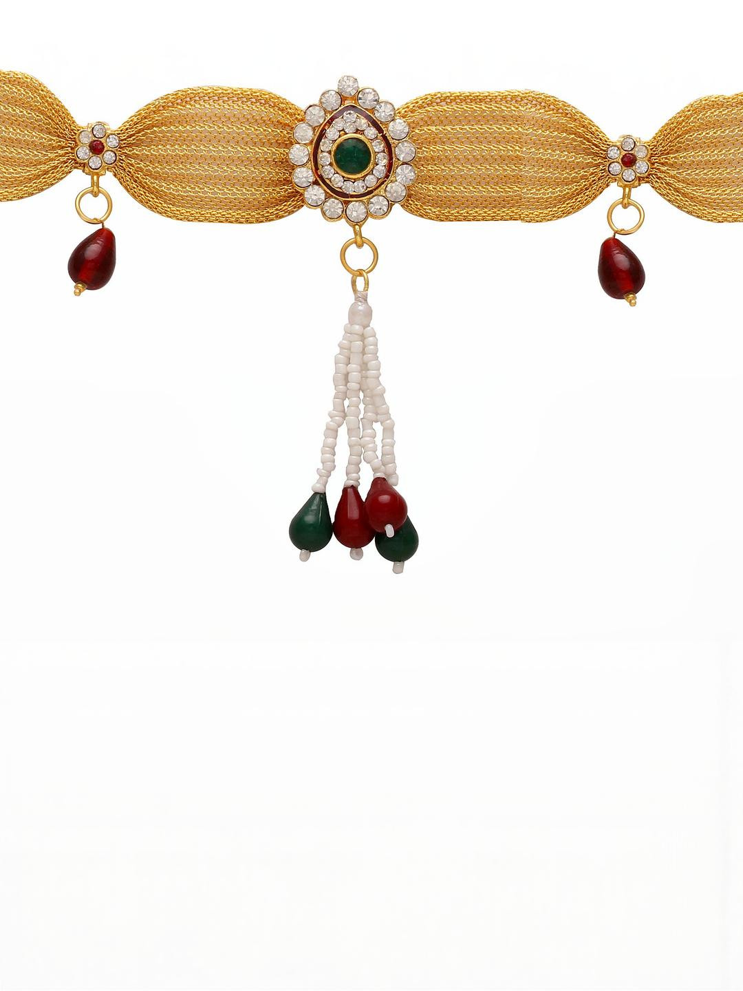 MEMOIR Gold plated Ethnic Traditional Colourful Crystal & Pearl studded broad Jewellery Set
