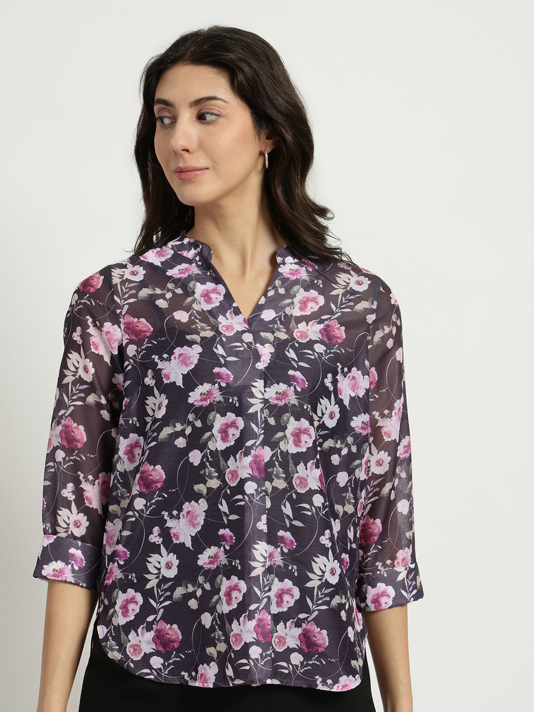 FABLE STREET Black Sheer Chanderi Floral Top