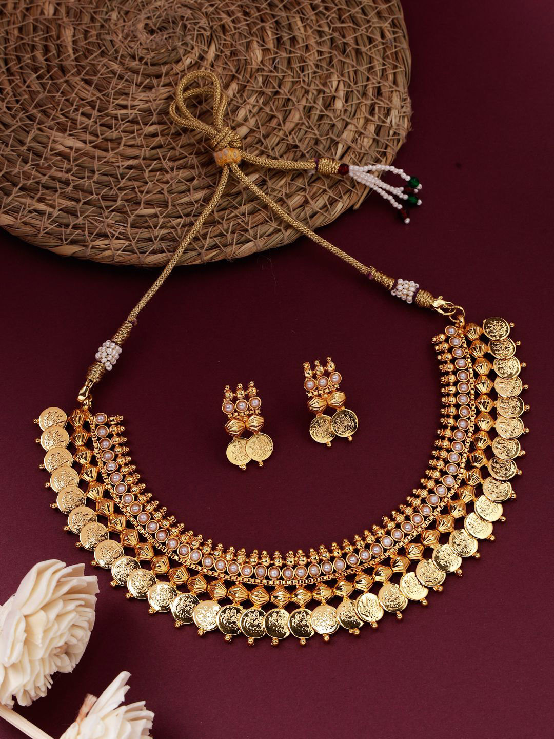 ANIKAS CREATION Gold Plated Coined Beaded Jewellery Set