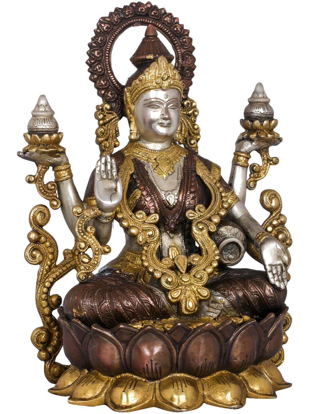 Exotic India Brown & Gold-Toned Kamalasana Goddess Lakshmi Religious Idol Showpiece