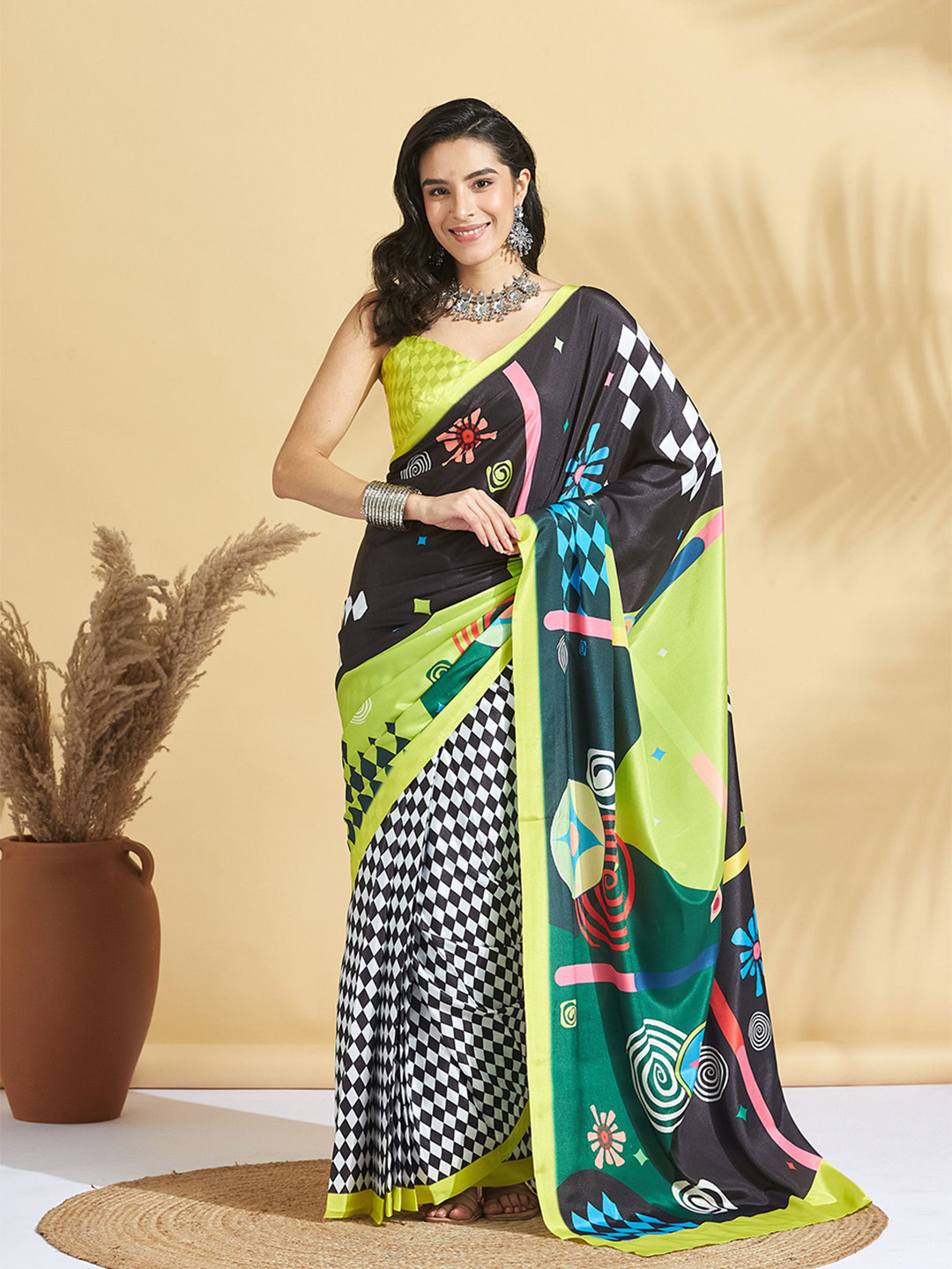 RACHNA Checked Poly Crepe Ready to Wear Block Print Saree