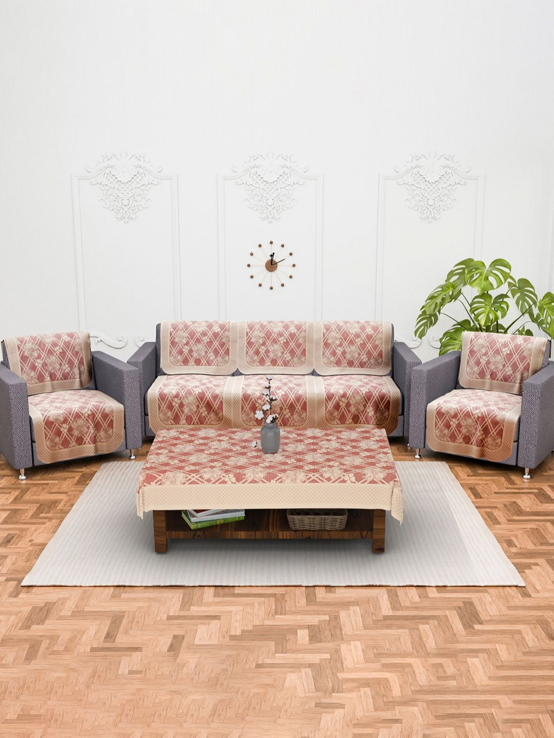 Aura 11 Pcs Maroon Cotton Net 5 Seater Sofa Cover & 4 Seater Center Table Cover Combo Set