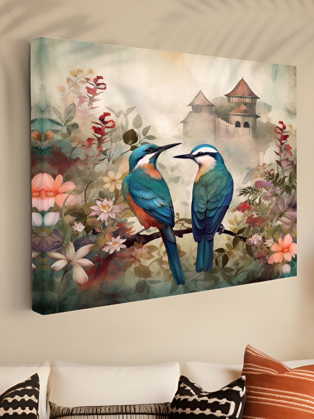 SAF Blue & Peach-Coloured Romantic Birds Canvas Painting Wall Art