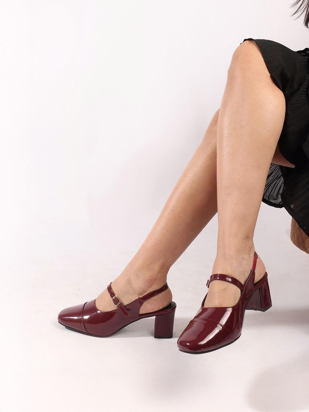 SELFIEE Glossy Finish Block Heel Mules