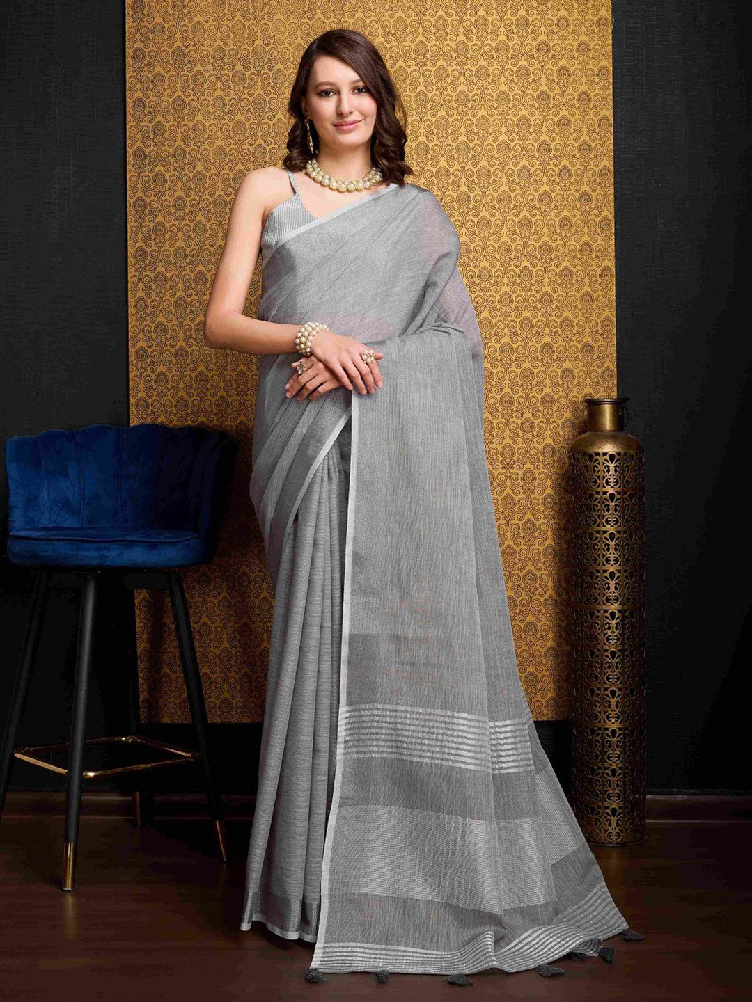 SWORNOF Zari Pure Linen Saree With Unstiched Blouse Piece