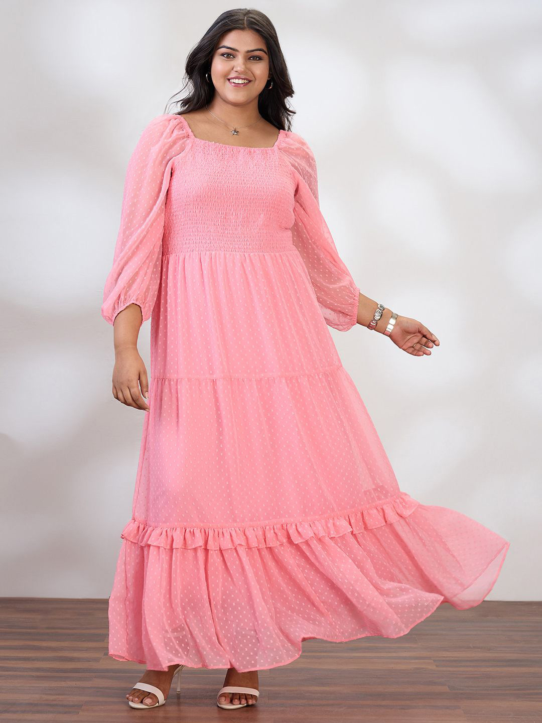 Globus Gloplus Raglan Sleeves Self Design Smocked Plus Size Fit & Flare Maxi Dress