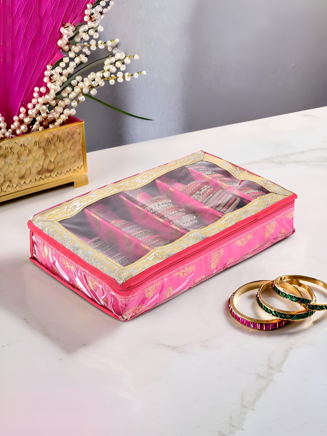 Myntra Elegant Homes Pink Printed Wooden Rod Bangle Organiser With Number Lock