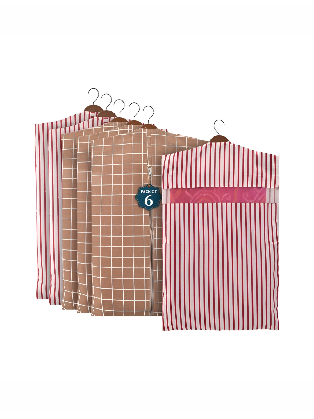 Aura Brown & Maroon 6 Pieces Checked Cotton Hanging Saree Storage Organisers