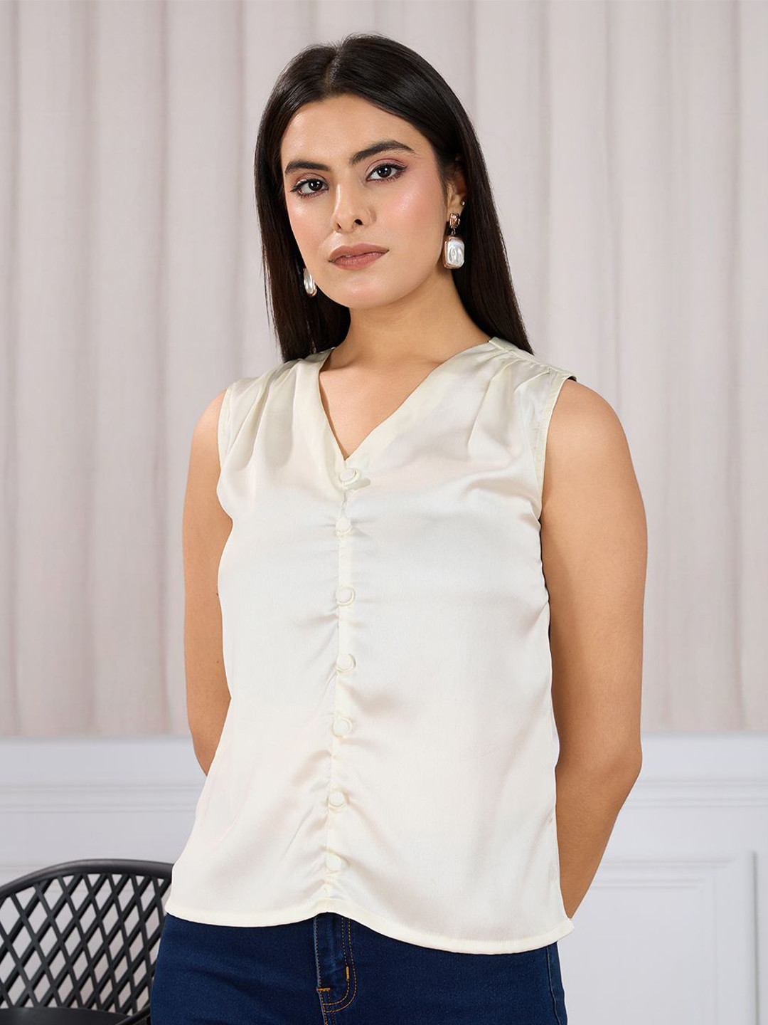 Mast & Harbour Women V-Neck Satin A-Line Top