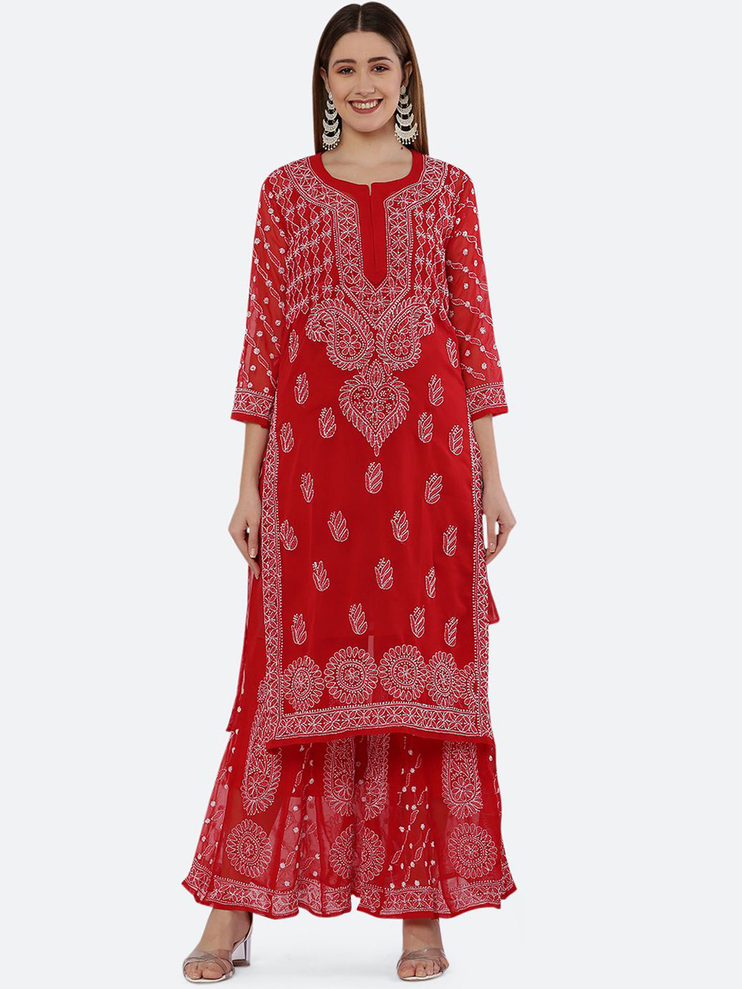 FAWOMENT Floral Embroidered Notch Neck Georgette Chikankari Kurta with Sharara