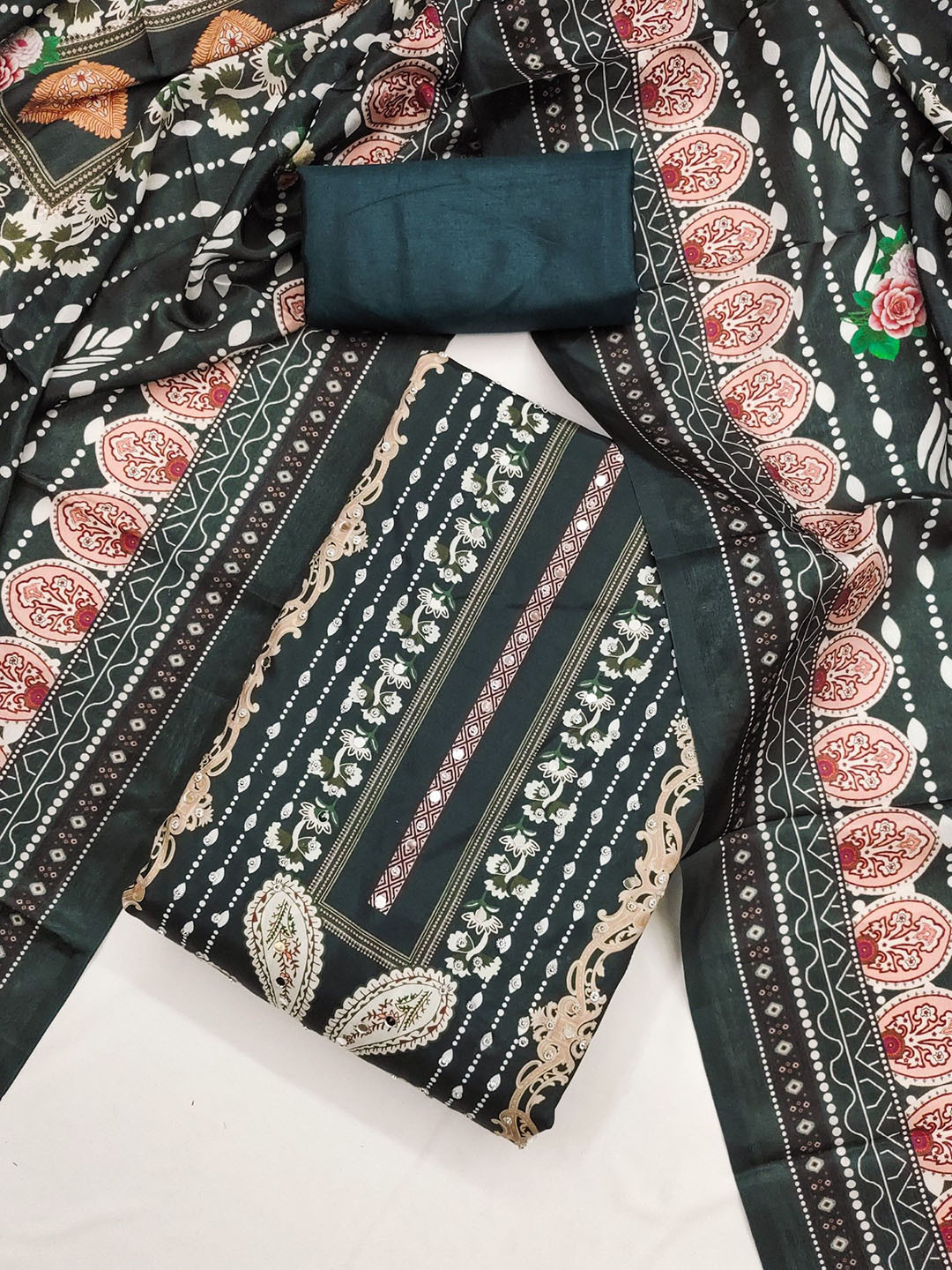 Panzora Women Printed Mirror & Diamond Work Unstitched Dress Material