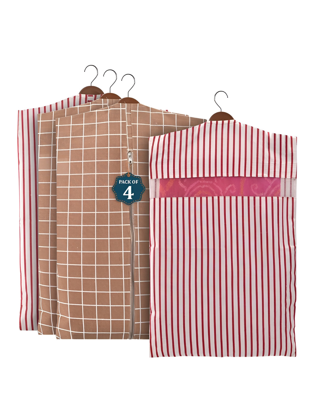 Aura Brown & Maroon 4 Pieces Checked Mesh Cotton Hanging Saree Cover Cotton Organisers