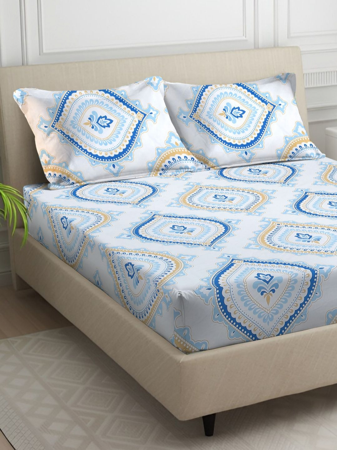 Signature Lilly Blue Ethnic Motifs Cotton 120 TC Fitted King Bedsheet with 2 Pillow Covers-72 x 88 inches