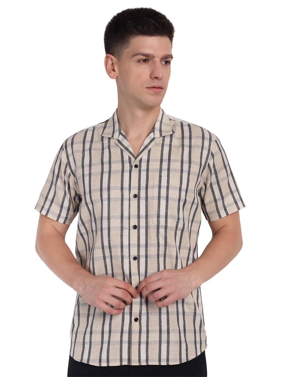 Garment Globe Standard Slim Fit Checked Cuban Collar Cotton Casual Shirt