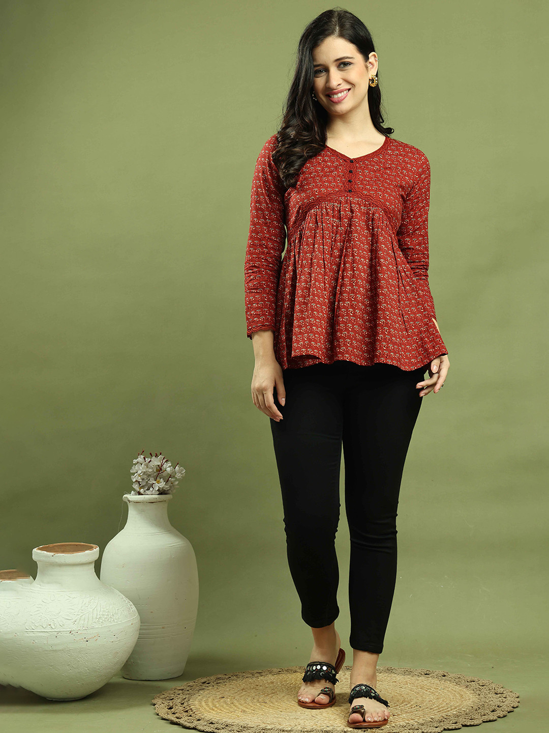 Merira Women Floral Jaipuri Printed V-Neck Cotton Empire Top