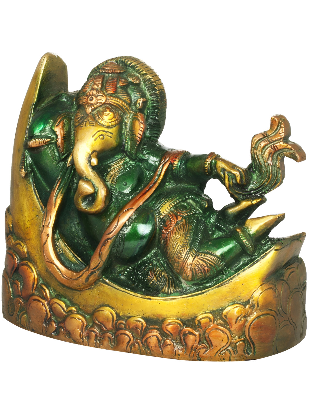 Exotic India Green Ganesha Idol Relaxing on a Crescent Moon Religious Idol Showpiece