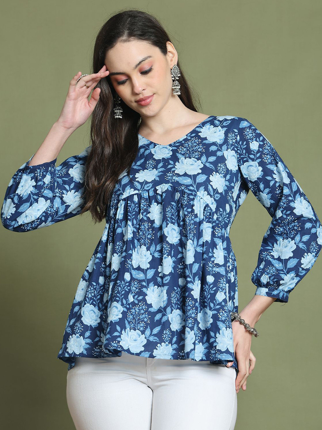 Merira Women Floral Jaipuri Printed V-Neck Cotton Empire Top