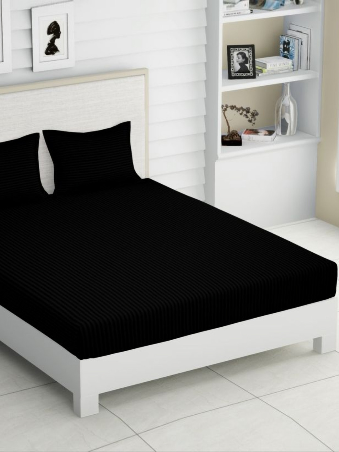 Bedbathandbliss Black Striped Polycotton 300 TC Super King Fine Bedsheet with 2 Pillow Covers-108 x 108 inches