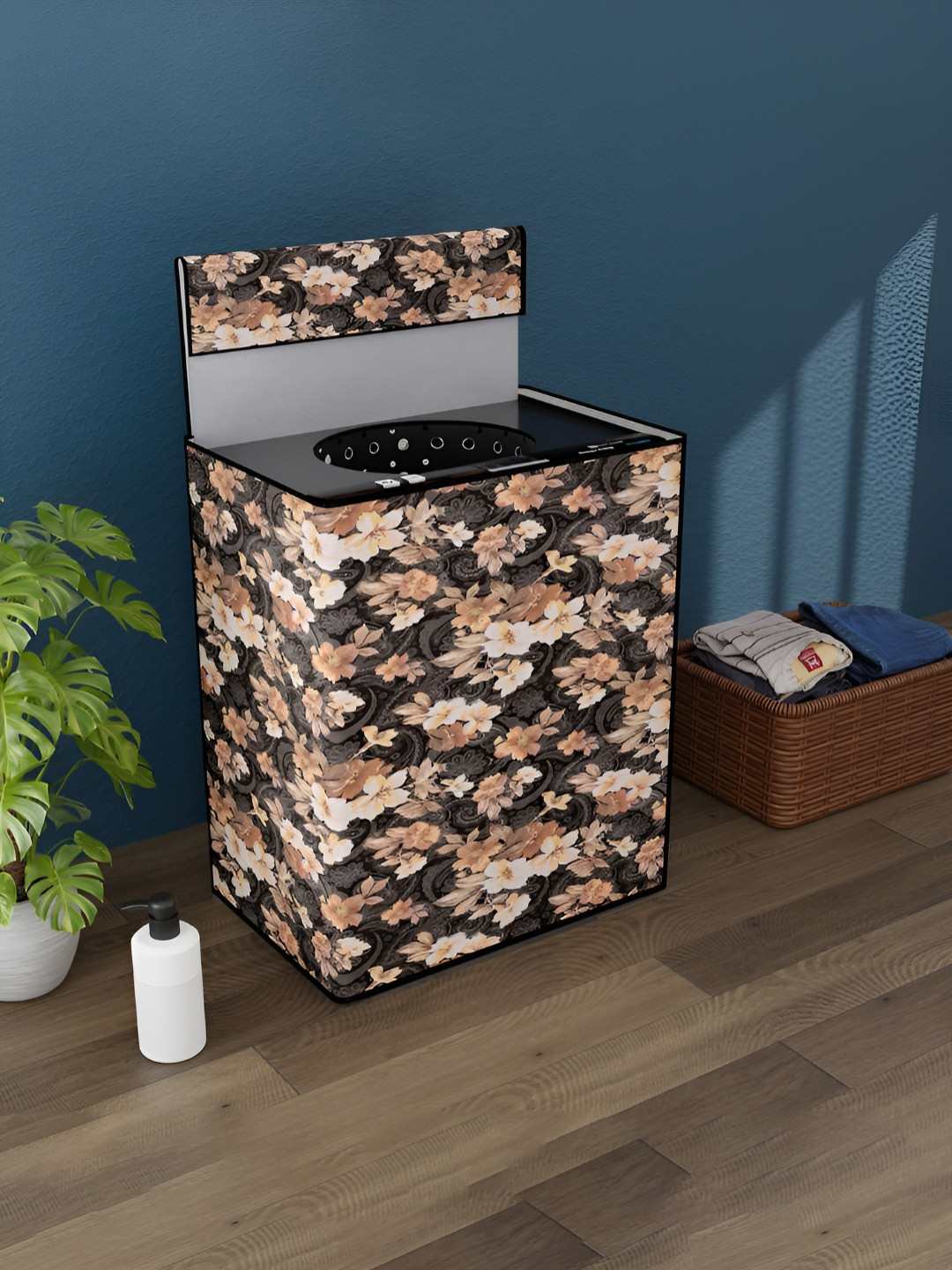 Myntra Elegant Homes Grey & Brown Floral Printed Top Load Washing Machine Cover With Zip
