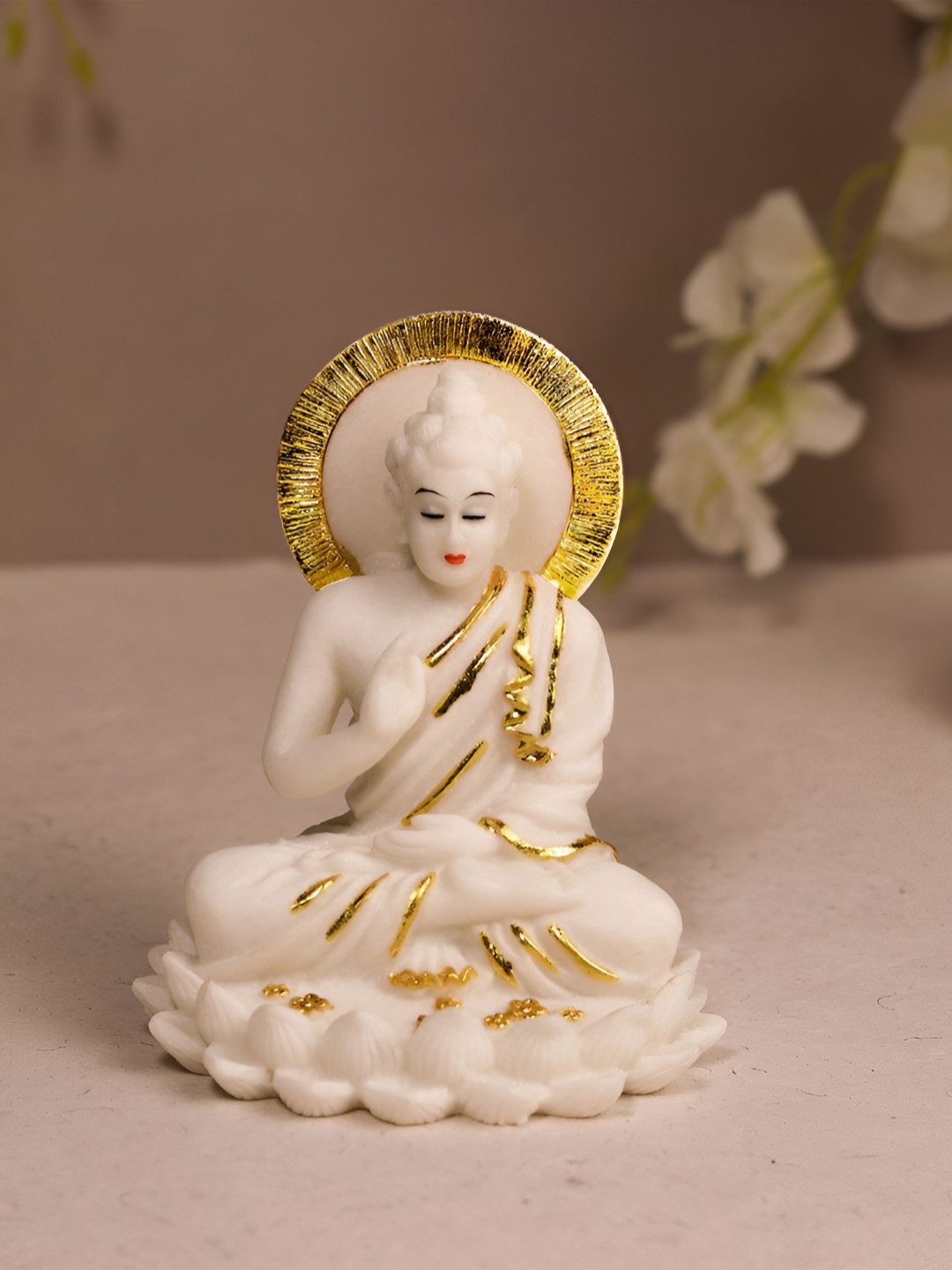Art Street Meditating Buddha White Marble Glossy Living Room Small Showpiece - 4.3 Inches