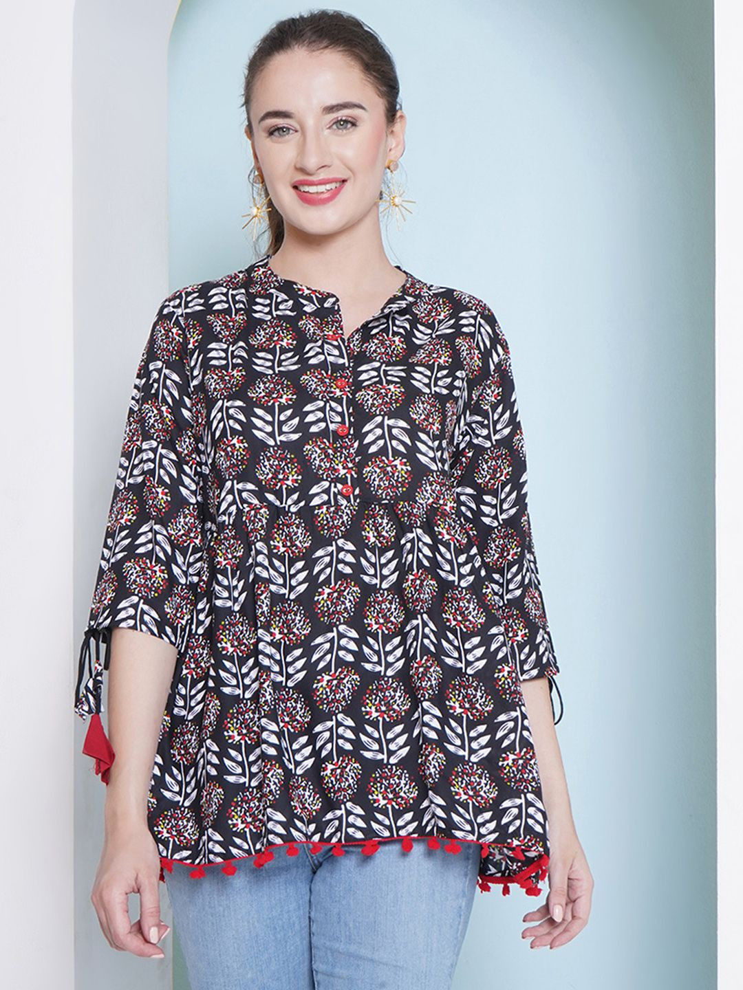 LABEL KASHI Women Abstract Print Mandarin Collar Top