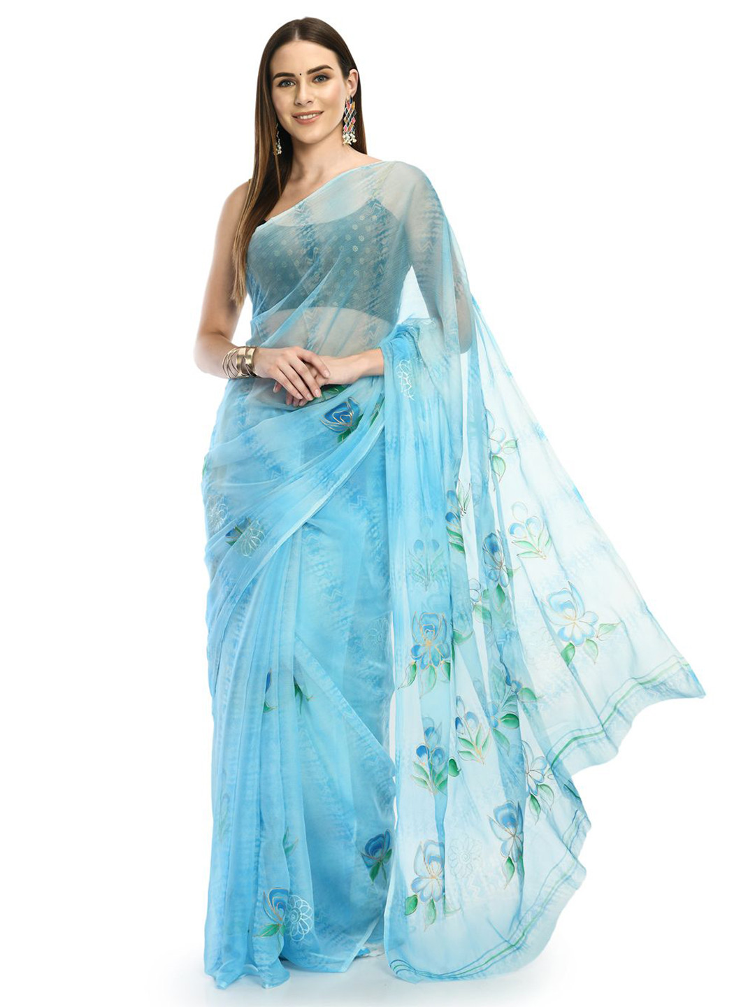 House of Chiffon Blue Handpainted Chiffon Saree