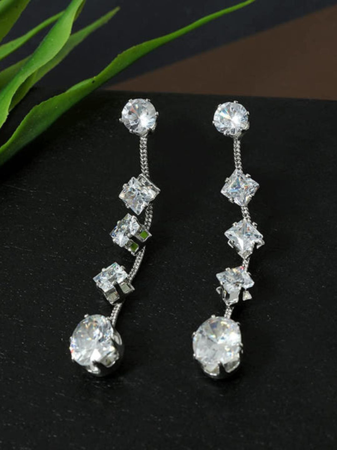 Sangria Silver-Plated Stunning American Diamond Studded Contemporary Drop Earrings
