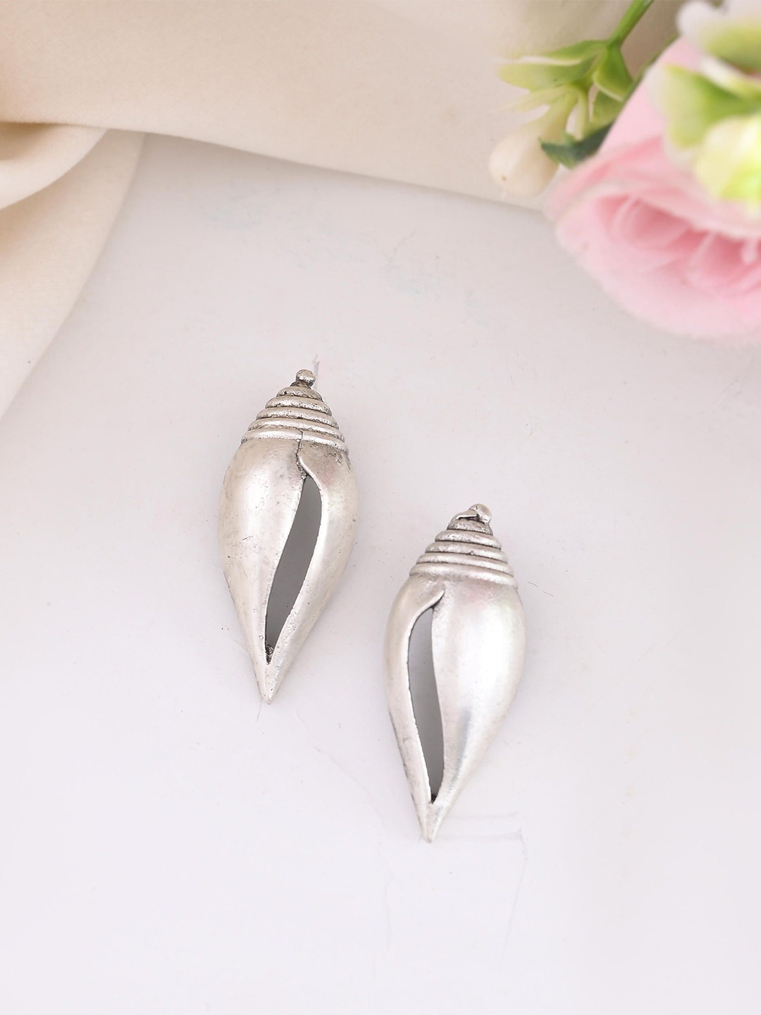VOJ Stainless Steel Silver Plated Shankh Shape Studs