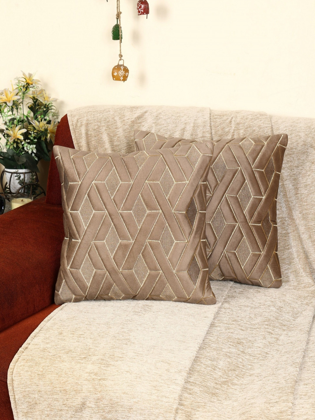 MONKDECOR Geometric Brown Velvet Washable 2 Pcs Embroidered Square Cushion Covers -12x12In