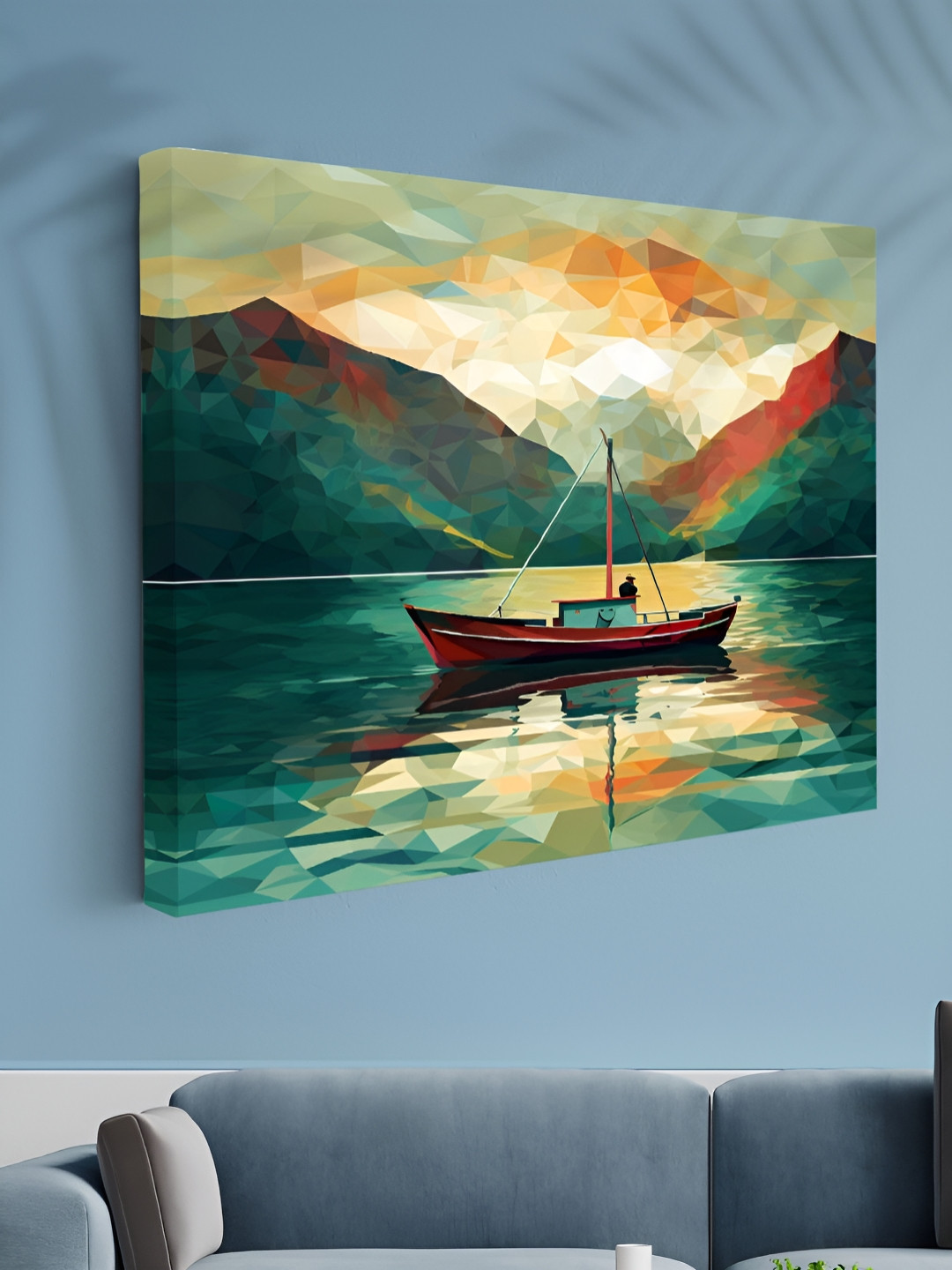 Aura Green & Orange Colored Boat on Polygon Lake Wall Printed Canvas Wall Art